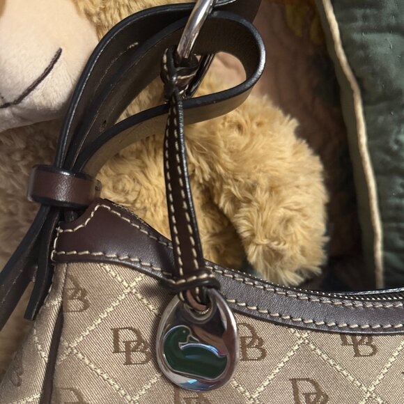 Dooney and Bourke Brown and Tan Elbow Bag with dark brown Fancy Leather Handle - Picture 2 of 6